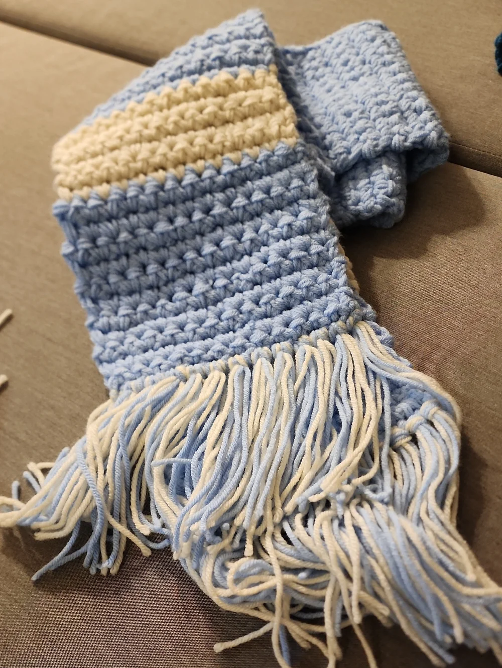 Handknit Light Blue and Cream Crochet Scarf - Home Accents